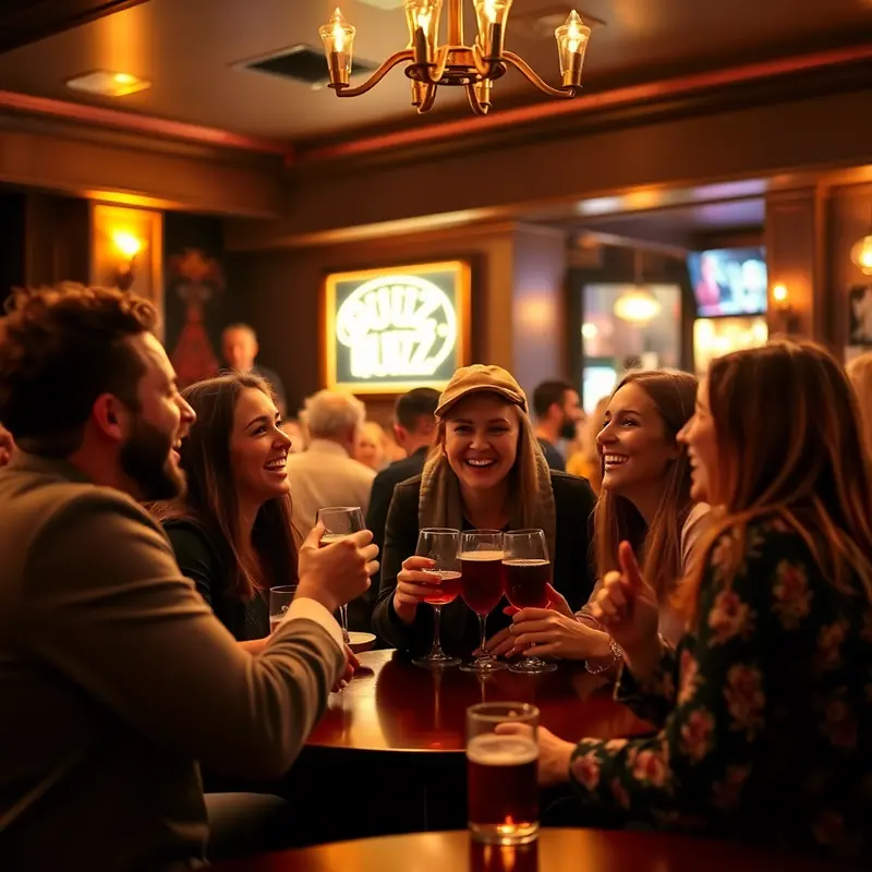 Friends laughing at a pub quiz night in a modern bar with warm lighting.