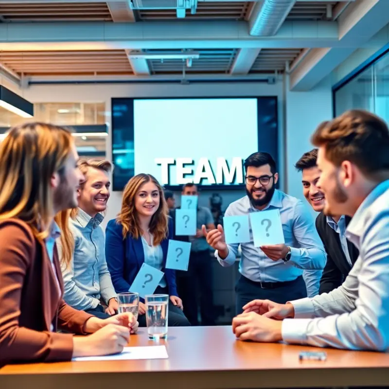 Colleagues collaborating at a team building quiz in a bright office.