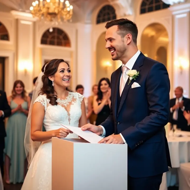Bride and groom laughing with guests during a wedding quiz game.